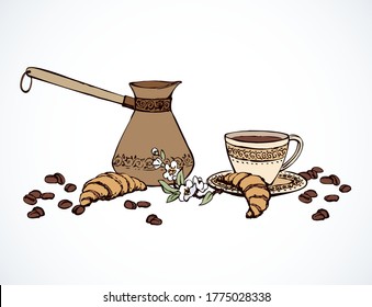 Old classic percolator, fresh hot black sweet brazil cocoa set on white table. Hand drawn tasty tea menu symbol. Arabian coffe cezve ware crockery sketch in art antique cartoon style on space for text