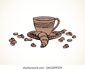 Old classic percolator, fresh hot black sweet brazil cocoa on white table. Hand drawn tasty tea dishware menu symbol. Arabian coffe cutlery ware crockery sketch in art cartoon style on space for text