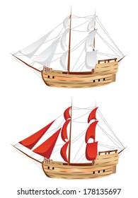 Old classic sailing ship under full sails on white background.