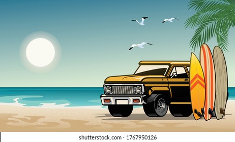 old classic suv car on the surf beach