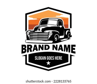 old classic truck logo isolated on white background showing from front with amazing sunset view. vector illustration available in eps 10.