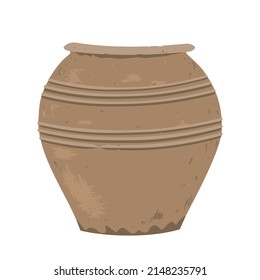 Old clay pot. Antique terracotta pottery, design element for home or patio decor. Vector illustration isolated on white.