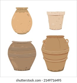 Old clay pot. Antique terracotta pottery, design element for home or patio decor. Vector illustration isolated on white