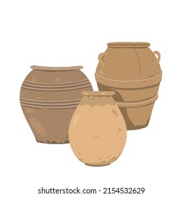 Old clay pot set composition. Antique terracotta pottery vector collection, design element for home or patio decor isolated on white.