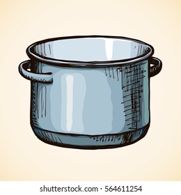 Old clean chrome fryer isolated on white backdrop. Bright grey color hand drawn picture sketchy in retro scribble style. View closeup with space for text