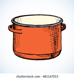 Old clean hot ceramic scarlet fryer icon isolated on white backdrop. Freehand bright color hand drawn symbol sign picture sketchy in art vintage scribble style. View closeup with space for text
