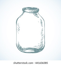Old clear tin isolated on white backdrop. Freehand outline ink hand drawn picture sketchy in scribble retro graphic style pen on paper. Closeup view with space for text