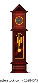 Old clock alarm tower for home, hotel flat interior design. Cartoon cuckoo watch isolated on white. Retro vintage mechanical alarm-clock wooden model. Classical time meter. Vector illustration