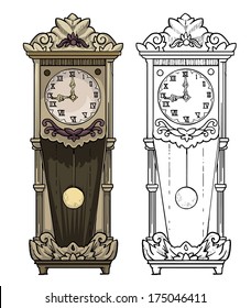 Old clock drawing, colored and outline, vector illustration