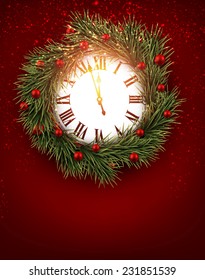 Old clock with roman numbers over spruce twigs. Vector illustration. 