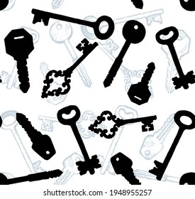 Old closed rough steel latchkey rental loan immovable set light white paper fond concept. Freehand line dark black ink pen hand drawn room object design retro art doodle style. Closeup side wall view