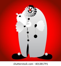  Old clown keeps on hand a white dog, in the other hand a ball on a string. Dark red background.