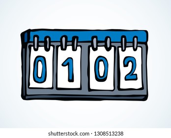 Old club arena referee timer bulletin screen panel on white backdrop. Bright blue color hand drawn pictogram logo emblem sketch in art retro doodle cartoon style on space for text
