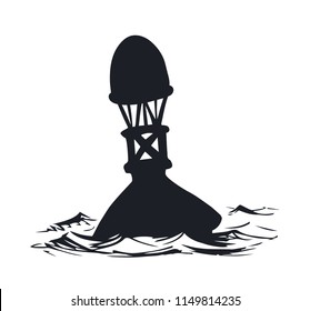 Old coastal cone bobber bouy point flag object view on white lake backdrop. Dark black ink hand drawn travel way logo emblem sketch in retro art cartoon contour print style on space for text on sky