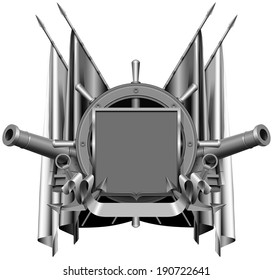 the old coat of arms with cannons, flags, shield and ship wheel.