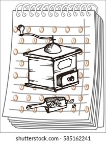 Old coffee grinder on notebook background. Vector illustration. Free hand drawn.