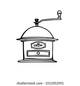 Old coffee grinder sketch. Hand drawn illustration. Line art. Vintage coffee mills vector illustration. Isolated on white background.