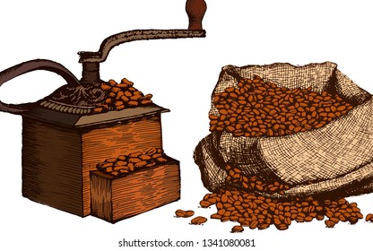 Old coffee machine. Bag with coffee beans, Cocoa beans freehand drawing, chocolate fruit, vector illustration, invigorating ingredient cocoa drink. Decorative retro design, print, card, banner.