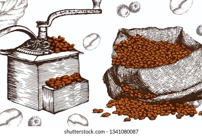 Old coffee machine. Bag with coffee beans, Cocoa beans freehand drawing, chocolate fruit, vector illustration, invigorating ingredient cocoa drink. Decorative retro design, print, card, banner.