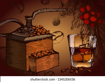 Old coffee machine. Hand drawn Glass of whiskey with ice. Decorative retro design, print, card, banner.
