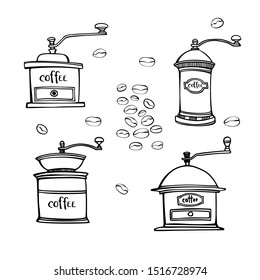 Old coffee mills and coffee beans in hand drawn style. Line art. Vintage sketch style background. Vector illustration.