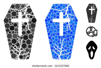 Old coffin mosaic of small circles in variable sizes and color tinges, based on old coffin icon. Vector small circles are grouped into blue composition.
