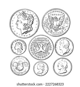 Old coins abstract retro sketch hand drawn engraving style Vector illustration.