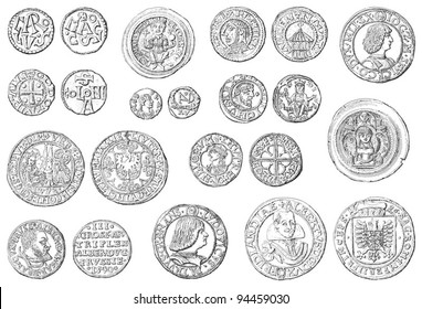 Old coins collection (500-1700) / vintage illustration from Meyers Konversations-Lexikon 1897