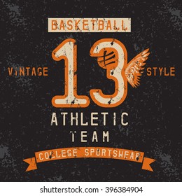 old college vintage style print design with basketball theme