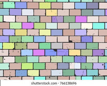 Old color ceramic brick tile wall. Grunge vector pattern. Design background.