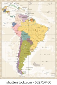 Old color map of South America with lakes and rivers.