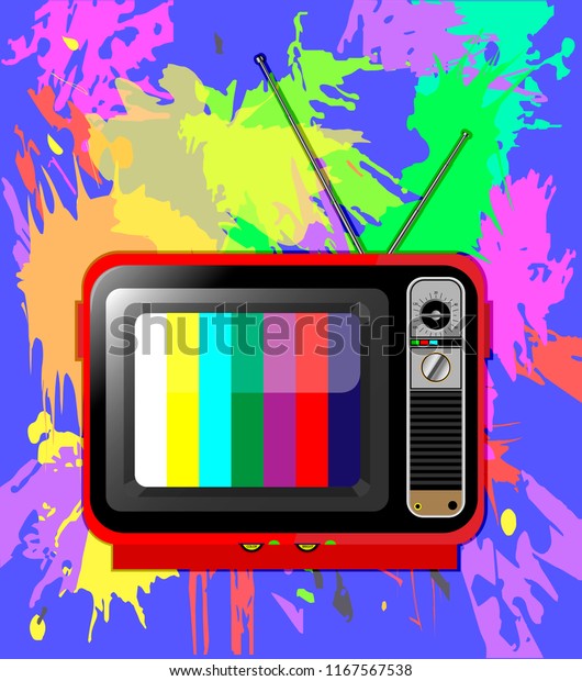 old color TV with antenna with multi-colored\
background of blots