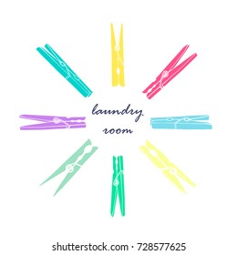 Old colored clothespins in a circle on a white background. Symbol for laundry. Vector illustration.