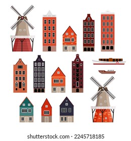 Old colorful buildings, vector flat isolated illustration. European traditional house facades. City architecture design elements. Mills. Boats.