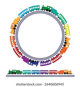 Old colorful locomotive and round railway icon isolated on white vector illustration