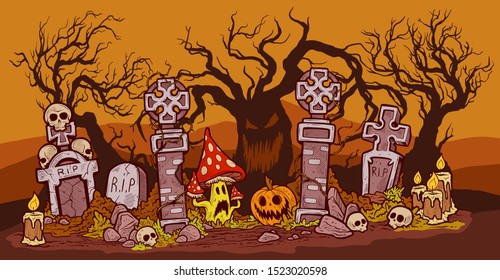 Old colorful stone gate with a broken lattice. Against the background of tombstones and evil trees.