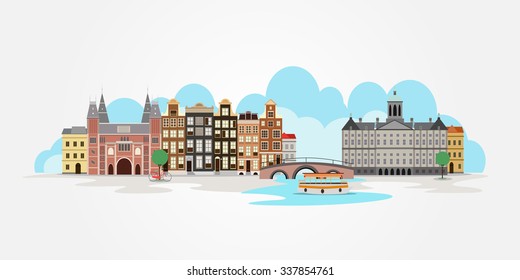Old colourful buildings in Amsterdam. Vector illustration