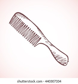 Old comb isolated on light pink backdrop. Freehand outline ink hand drawn picture sketchy in art retro scrawl style pen on paper. Closeup view with space for text