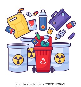 Old combustible and flammable items fall into open trash can. Heap of chemical and fuel industry items. Hazardous pollution problem. Stroked cartoon outline vector isolated on white background