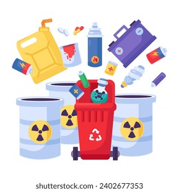 Old combustible and flammable items fall into open trash can. Heap of chemical and fuel industry items. Hazardous pollution problem. Cartoon isolated vector isolated on white background