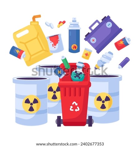 Old combustible and flammable items fall into open trash can. Heap of chemical and fuel industry items. Hazardous pollution problem. Cartoon isolated vector isolated on white background