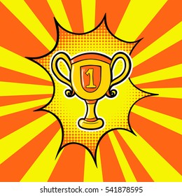 Old comic yellow orange background with gold cup in pop art retro style.