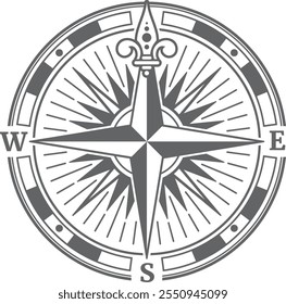 Old compass drawing. Navigation star black symbol