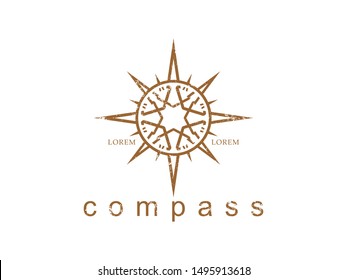Old compass logo hand drawn vintage design element for labels, badges, stickers, emblems vector illustration.