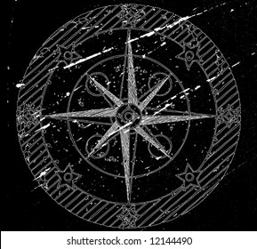 Old compass on black grunge background. Vector illustration.