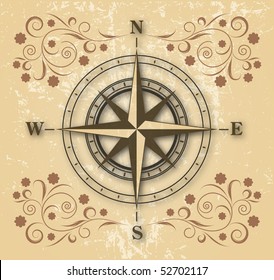 old compass on floral background