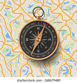 Old compass on map background, vector illustration.