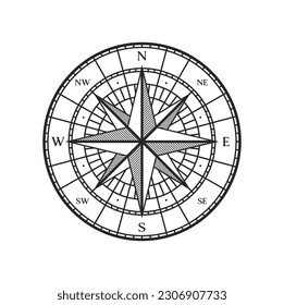 Old compass, vintage map wind rose vector icon with north and east star. Marine travel direction and nautical retro navigation or seafaring symbol of windrose compass with south and west star arrows