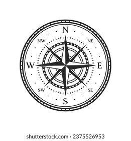 Old compass. Vintage map wind rose antique symbol. Nautical geography map, marine cartography compass or sea expedition, ocean navigation and sailing , direction wind rose vector sign