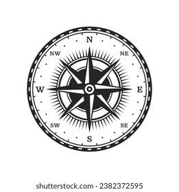 Old compass. Vintage map wind rose, vector North, South, East and West direction arrows star symbol. Sea travel and adventure, antique cartography and marine journey sign with nautical compass dial